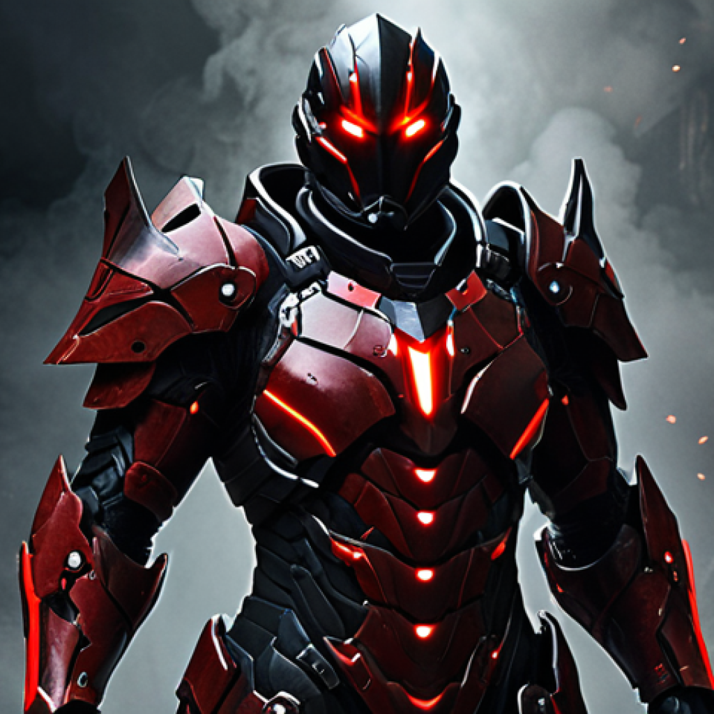 **

A character skin design featuring a striking red and black color scheme. The character is clad in futuristic armor with glowing red accents. The background is a dark, smoky environment, suggesting power and danger. Emphasize the intricate details of the armor and the character's imposing presence. Inspired by Eternal Return.

**