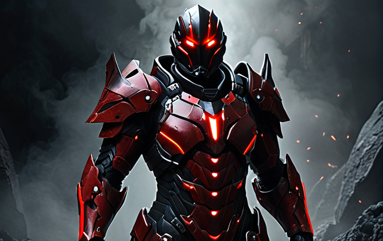 **

A character skin design featuring a striking red and black color scheme. The character is clad in futuristic armor with glowing red accents. The background is a dark, smoky environment, suggesting power and danger. Emphasize the intricate details of the armor and the character's imposing presence. Inspired by Eternal Return.

**