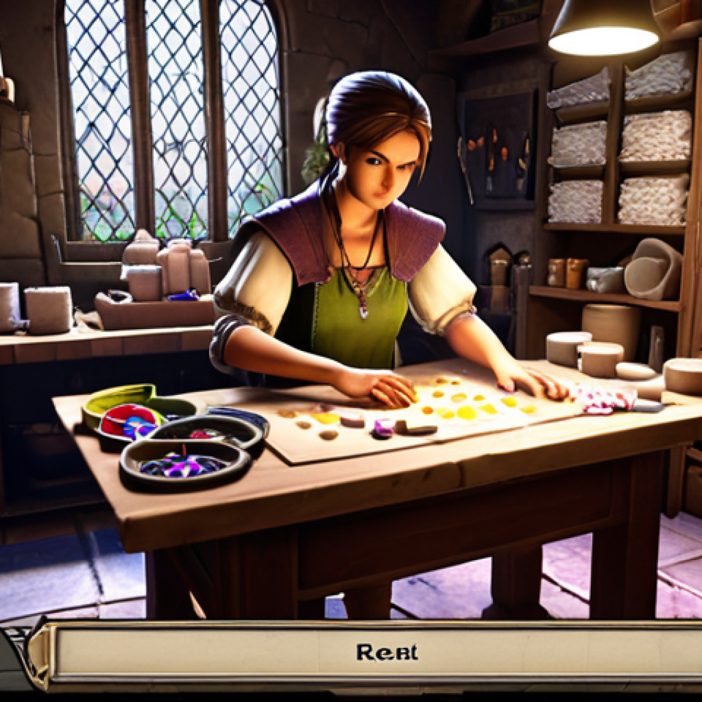 **

A player character in Eternal Return strategically crafting items. The scene is brightly lit, focusing on the character's hands combining basic materials like "tissu" (cloth) and bandages at a crafting station. The background shows a cluttered inventory screen with various crafting recipes. The style should be reminiscent of a vibrant video game loading screen.

**
