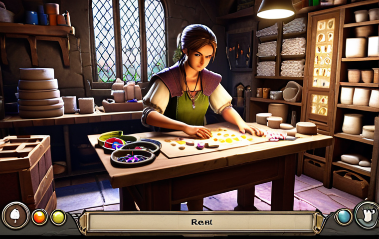 **

A player character in Eternal Return strategically crafting items. The scene is brightly lit, focusing on the character's hands combining basic materials like "tissu" (cloth) and bandages at a crafting station. The background shows a cluttered inventory screen with various crafting recipes. The style should be reminiscent of a vibrant video game loading screen.

**