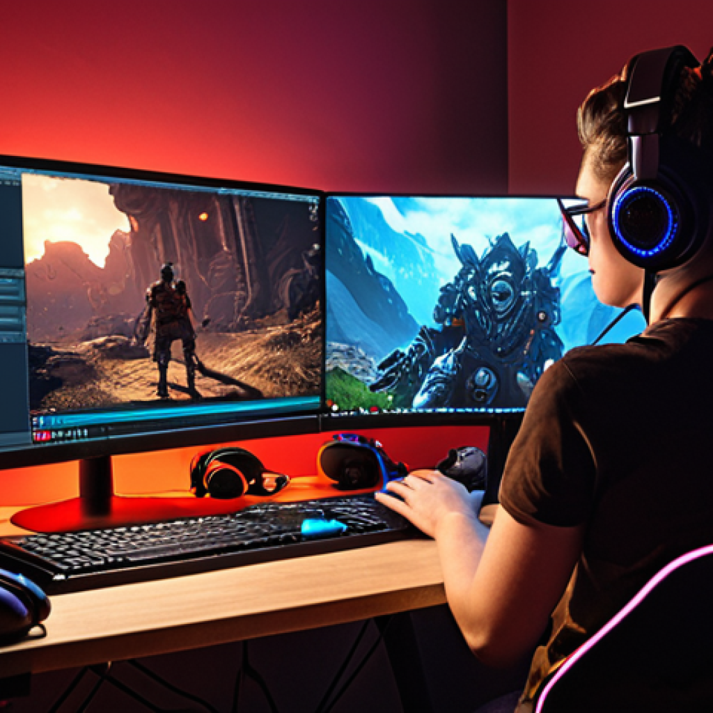 A dedicated content creator, male or female, mid-20s, intensely focused at a professional gaming and streaming setup. Multiple monitors display vibrant 'Eternal Return' gameplay on one screen and complex video editing software on another. A high-quality studio microphone and webcam are visible. The scene is illuminated by dynamic, cinematic lighting, emphasizing the blend of technical skill, passion, and artistic storytelling involved in transforming raw gameplay into captivating content. The background subtly suggests a personalized, creative workspace.