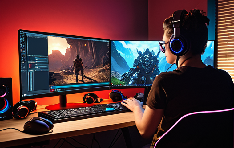 A dedicated content creator, male or female, mid-20s, intensely focused at a professional gaming and streaming setup. Multiple monitors display vibrant 'Eternal Return' gameplay on one screen and complex video editing software on another. A high-quality studio microphone and webcam are visible. The scene is illuminated by dynamic, cinematic lighting, emphasizing the blend of technical skill, passion, and artistic storytelling involved in transforming raw gameplay into captivating content. The background subtly suggests a personalized, creative workspace.