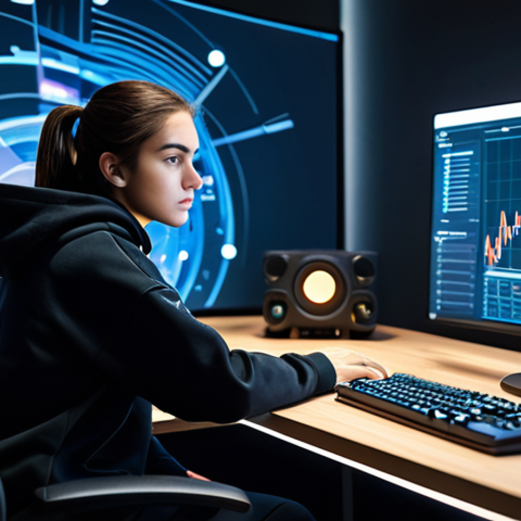 A focused professional gamer, female, in a modest, dark-colored professional hoodie and comfortable pants, seated at a modern desk in a well-lit, organized gaming room. She is looking intently at a holographic interface displaying abstract market graphs and item icons, with a thoughtful expression. Her hands are resting on the desk, perfectly formed with correct proportions. The background is clean and slightly blurred to keep focus on the subject. The atmosphere is calm and strategic. The overall image quality is high, resembling professional photography. This content is safe for work, appropriate content, fully clothed, and professional.