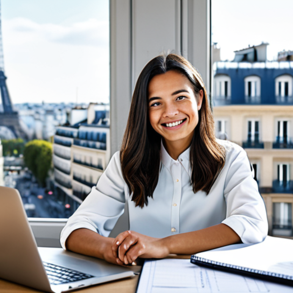 **

A professional female coder in a modern, brightly lit office in Paris. She is wearing a modest business casual outfit – a stylish blouse and tailored trousers. She's smiling slightly, looking directly at the viewer. Her desk is clean and organized with a laptop, notepad, and a cup of coffee.  The background features blurred colleagues working and large windows overlooking a Parisian street. Perfect anatomy, correct proportions, well-formed hands, proper finger count, natural body proportions, safe for work, appropriate content, fully clothed, professional.

**
