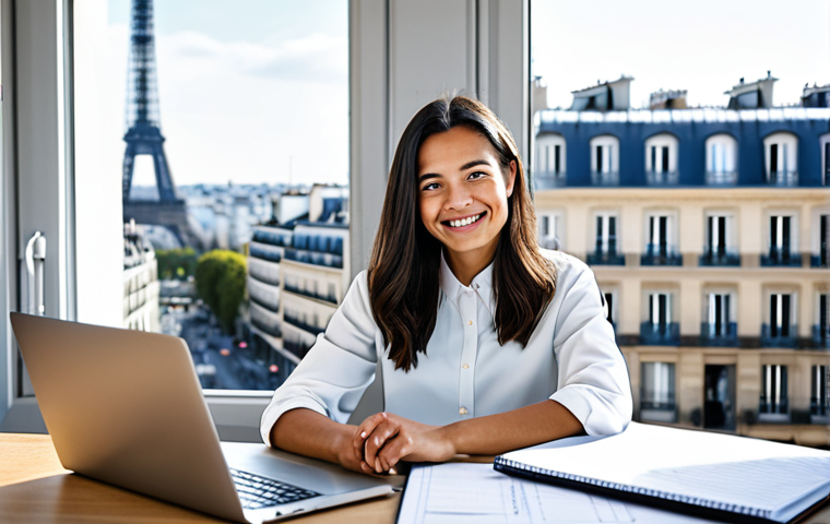 **

A professional female coder in a modern, brightly lit office in Paris. She is wearing a modest business casual outfit – a stylish blouse and tailored trousers. She's smiling slightly, looking directly at the viewer. Her desk is clean and organized with a laptop, notepad, and a cup of coffee.  The background features blurred colleagues working and large windows overlooking a Parisian street. Perfect anatomy, correct proportions, well-formed hands, proper finger count, natural body proportions, safe for work, appropriate content, fully clothed, professional.

**