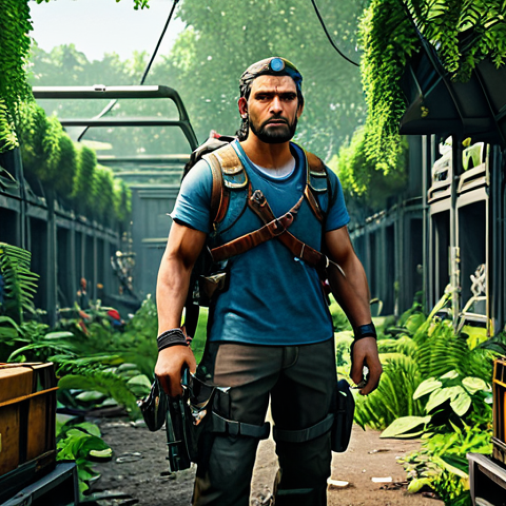 Early Game Survival**
"A focused player character, fully clothed in practical starting gear, navigating a cluttered resource zone in a game environment, safe for work, appropriate attire, looting crates and containers, surrounded by lush foliage, perfect anatomy, natural proportions, professional, high quality."
**