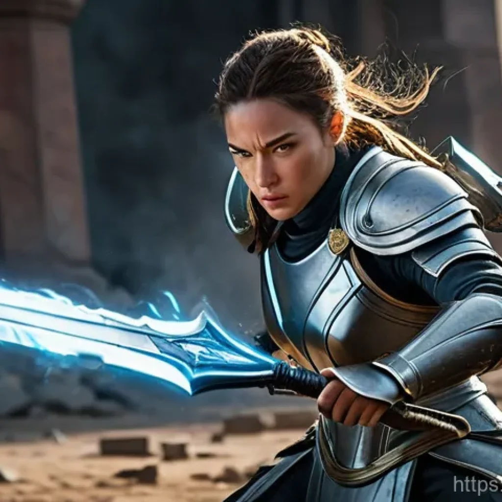 이터널리턴 인기 아이템 순위 - **"Offensive Burst of Power"**: A dynamic full-body shot of a fierce female warrior, mid-battle, del...