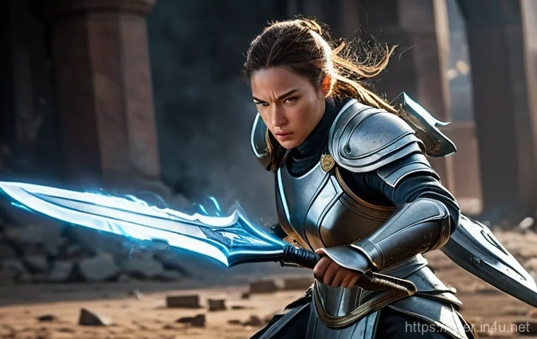 이터널리턴 인기 아이템 순위 - **"Offensive Burst of Power"**: A dynamic full-body shot of a fierce female warrior, mid-battle, del...