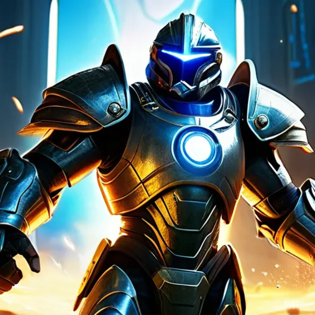 이터널리턴 신규 캐릭터 밸런스 - A dynamic, epic scene of Henry, a powerful male warrior, clad in advanced, glowing technological arm...