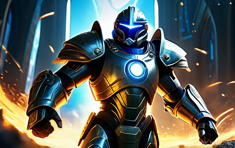 이터널리턴 신규 캐릭터 밸런스 - A dynamic, epic scene of Henry, a powerful male warrior, clad in advanced, glowing technological arm...